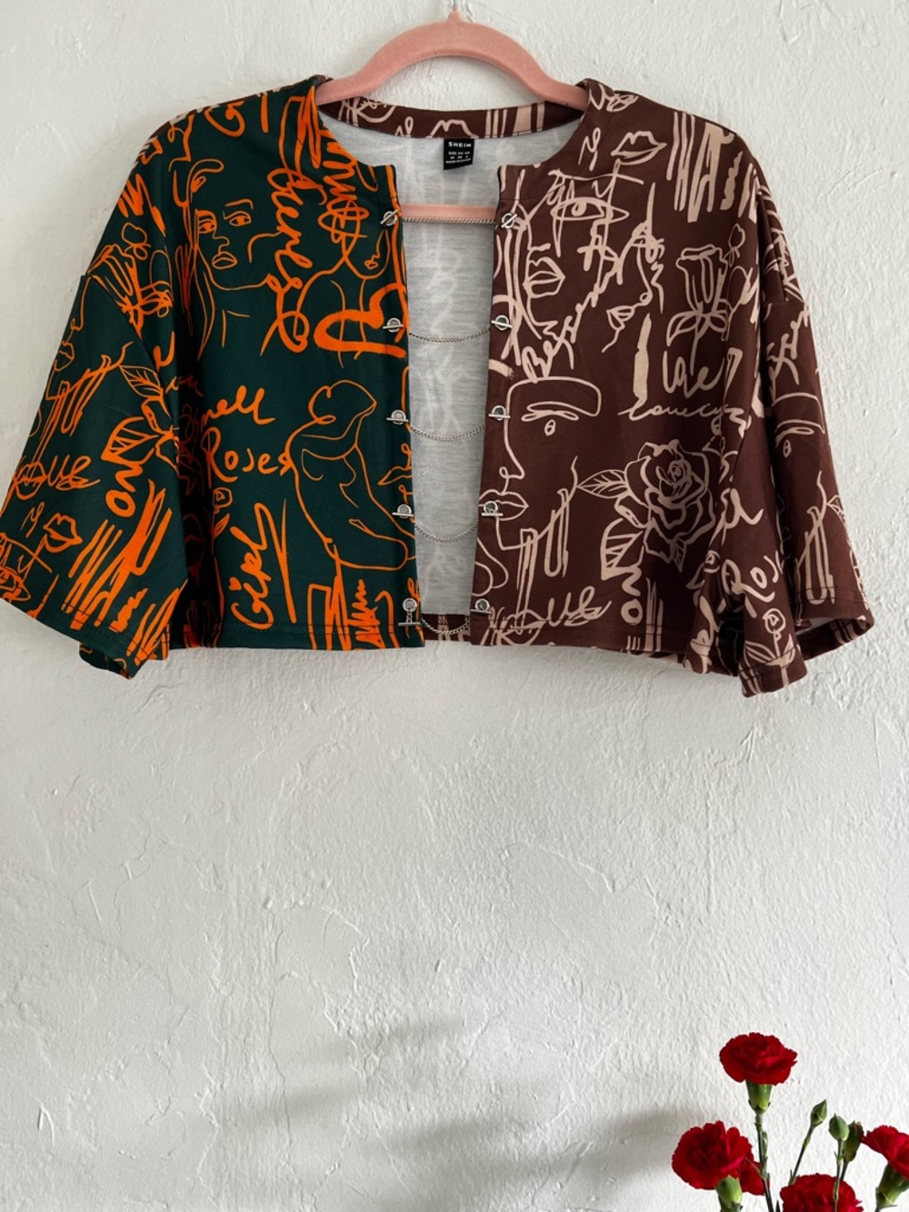 SHEIN Brown and Green Cropped Cardigan with Orange Accents